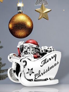 Pandora S925 Sleighing Santa Sled Charm With Red Enamel, CZ & Engraving Retired